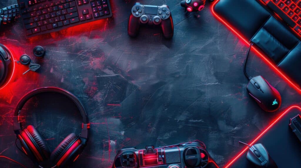 Gaming-Setup mit beleuchteter Tastatur, Maus, Headset und Controllern, ideal für optimale Performance. Stabile Internetverbindung für flüssiges Gaming-Erlebnis mit Glasfaserkabel kaufen.