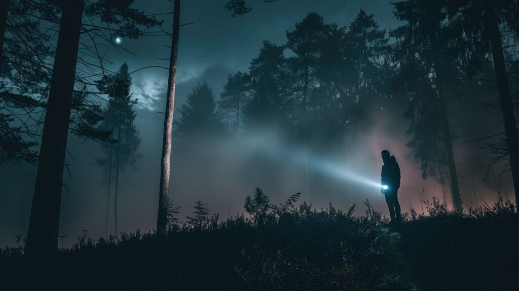 Person steht im dunklen Wald und leuchtet mit einer Taschenlampe den Weg aus – Symbol für Sicherheit und Orientierung bei nächtlichen Outdoor-Abenteuern.