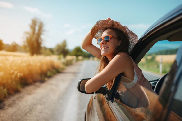 Entspannte, glückliche Frau auf einem sommerlichen Roadtrip, die sich aus dem Autofenster lehnt. Sorgloser Ausdruck, lockiges Haar, das im Wind weht.