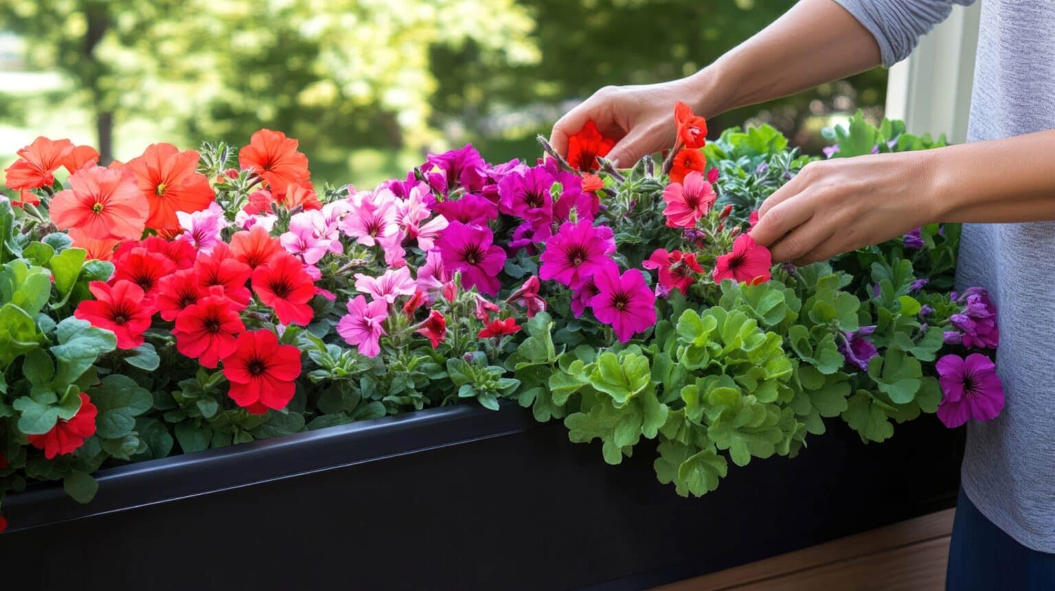 Person pflegt bunte Blumen in einem schwarzen Pflanzkasten auf dem Balkon
