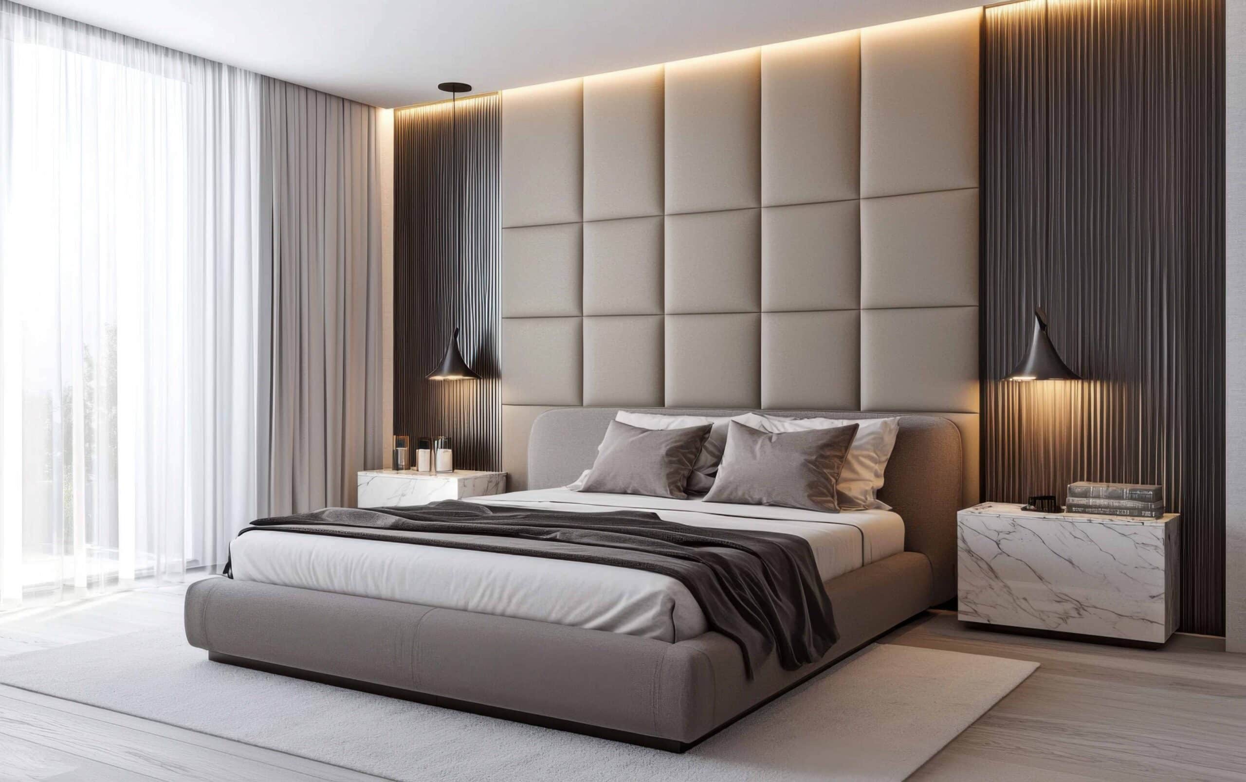 Luxuriöses modernes Schlafzimmer mit einer gepolsterten Wildlederwand, einem niedrig profilierten gepolsterten Bett, schwebenden Marmor-Nachtische und warmem eingelassenen Licht.