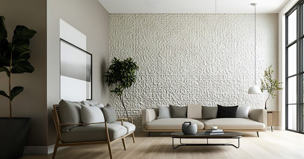 Minimalistisches Wohnzimmer mit skandinavischen Möbeln in neutralen Tönen und einer Akzentwand mit strukturiertem Wallpaper.