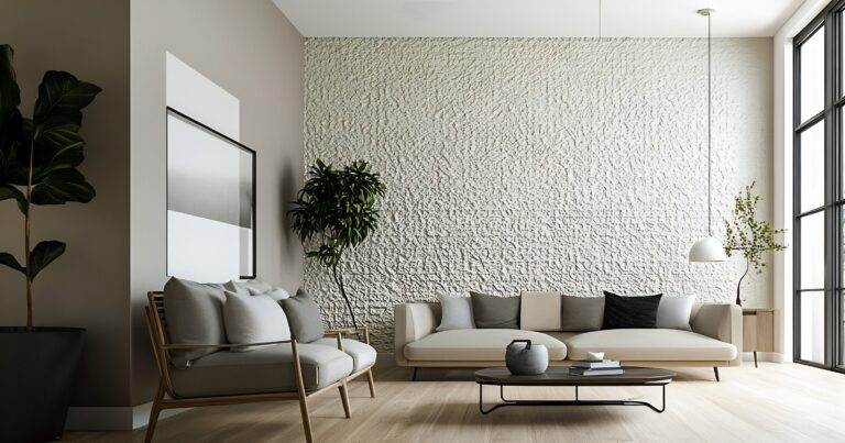 Minimalistisches Wohnzimmer mit skandinavischen Möbeln in neutralen Tönen und einer Akzentwand mit strukturiertem Wallpaper.