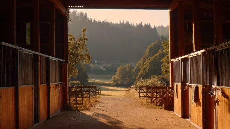 Offenstall mit Blick auf eine friedliche Weide im Morgengrauen – Symbol fuer Struktur und Ruhe im Alltag mit Pferden.