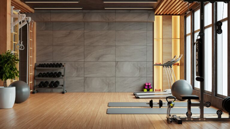 Modernes Fitnessstudio-Interieur mit Sport- und Fitnessgeräten vor einer Betonwand - 3D-Rendering